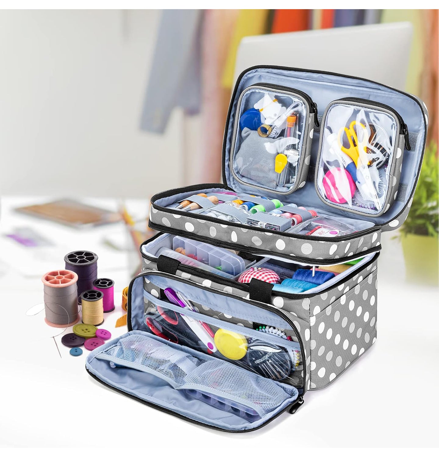 Sac de Rangement Double Couche pour Kit de Couture – Poches & Séparateurs Amovibles