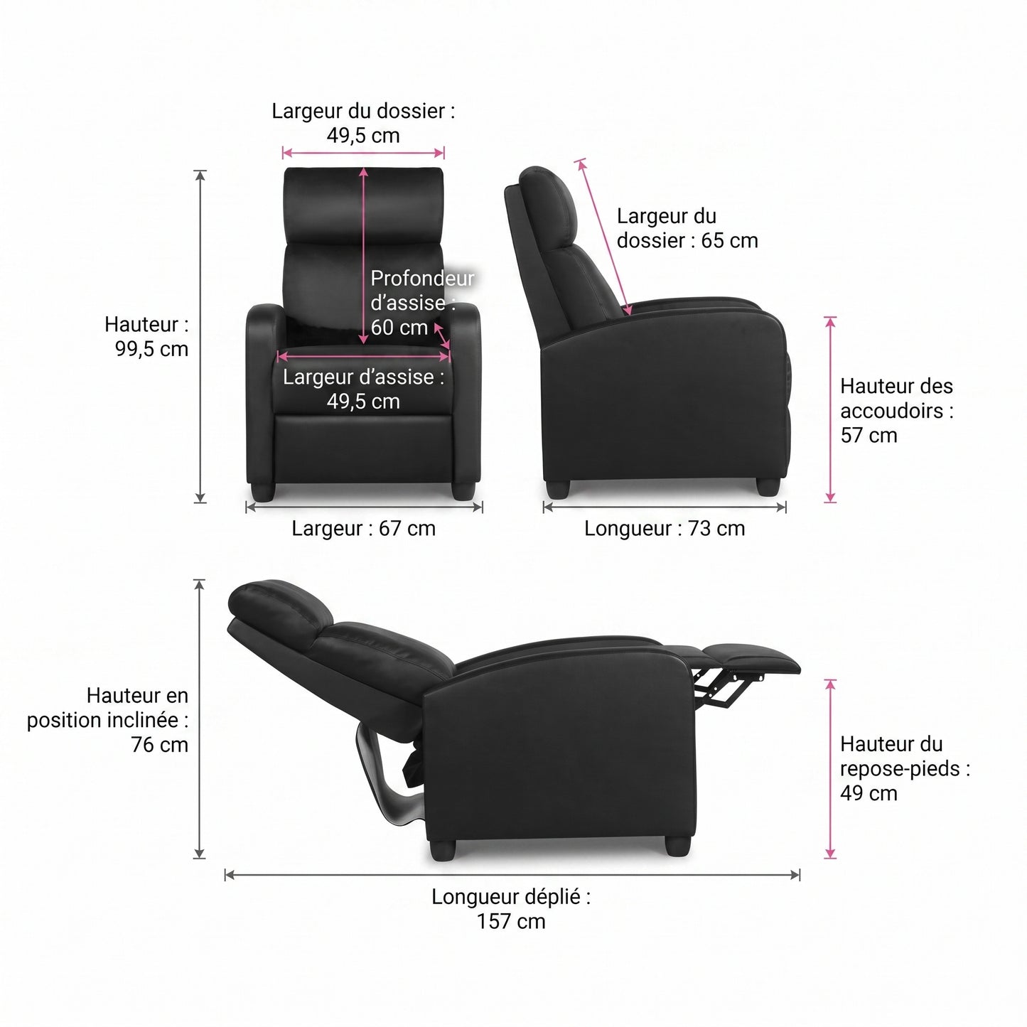 Fauteuil de Relaxation Inclinable Cosy – Similicuir – 3 Positions – Repose-pieds Intégré – 120 kg